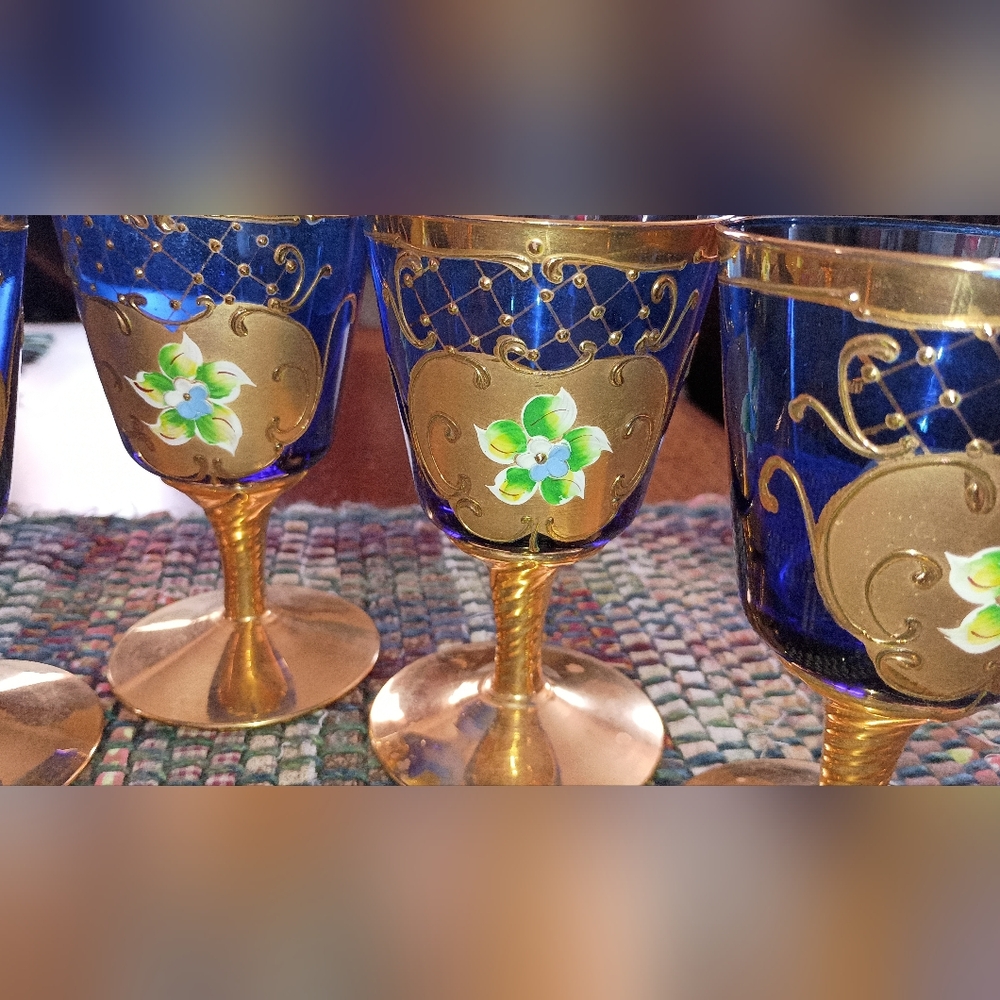 Sale! Elegant Vintage Bohemian Czech Cobalt Blue and Gold Goblets Set -6 - Picture 2 of 9